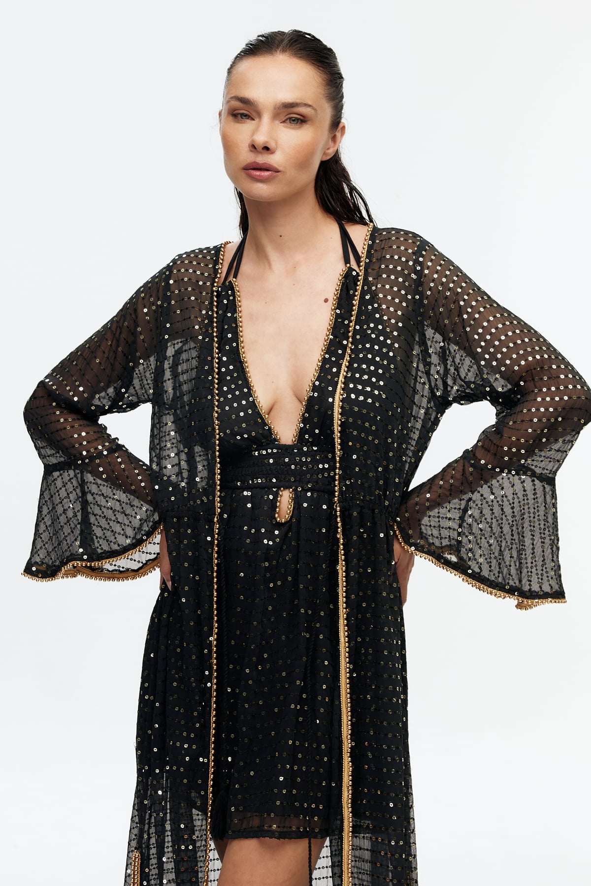 Siyah şifon parıltılı uzun kollu kimono