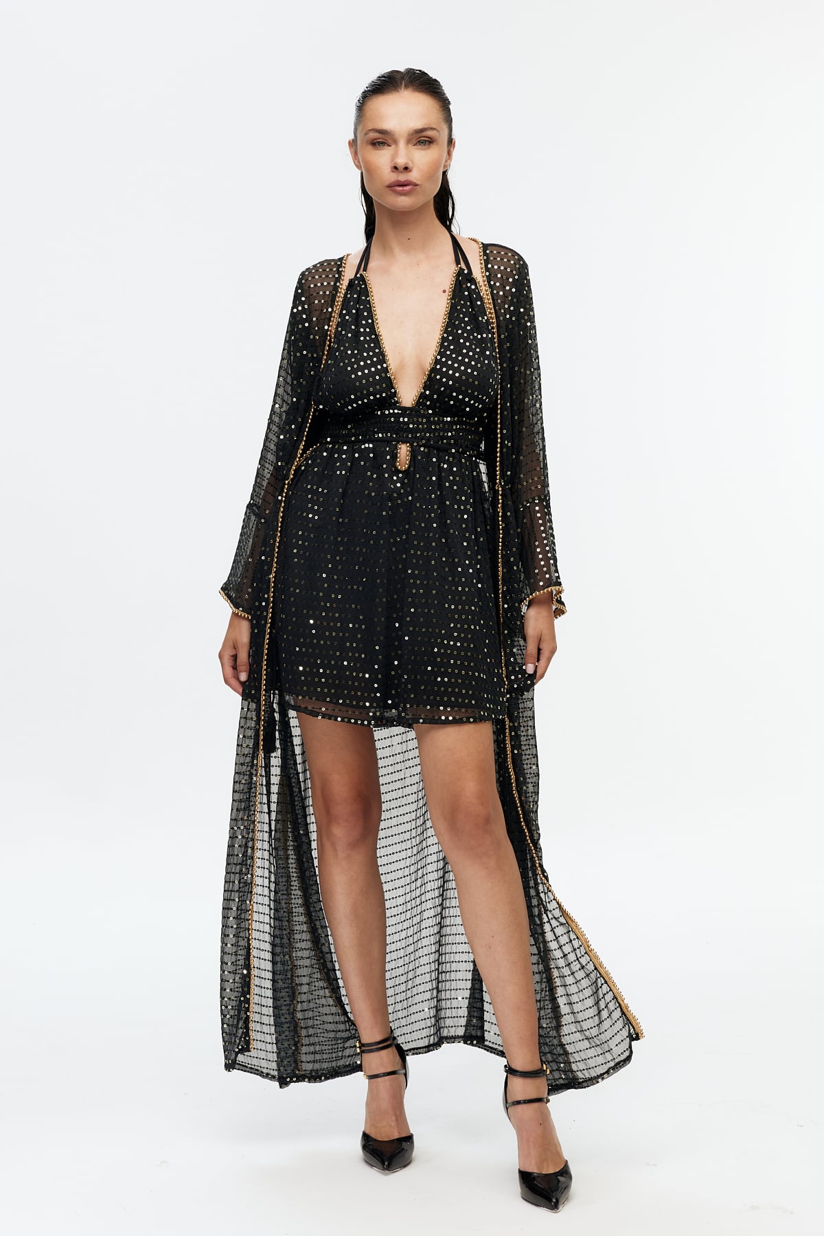 Siyah şifon parıltılı uzun kollu kimono 2