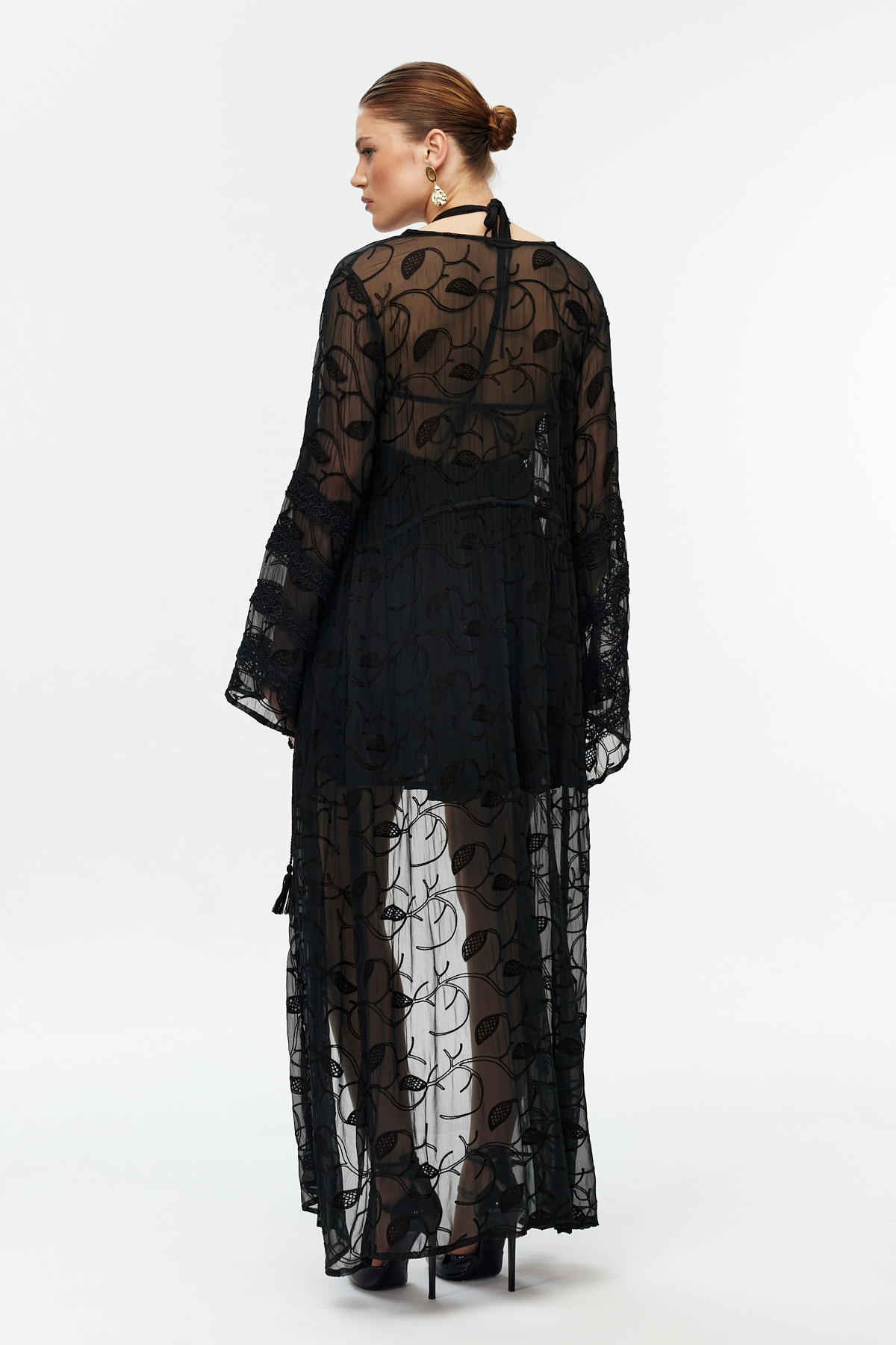 Siyah şifon dantel detaylı uzun kimono 6