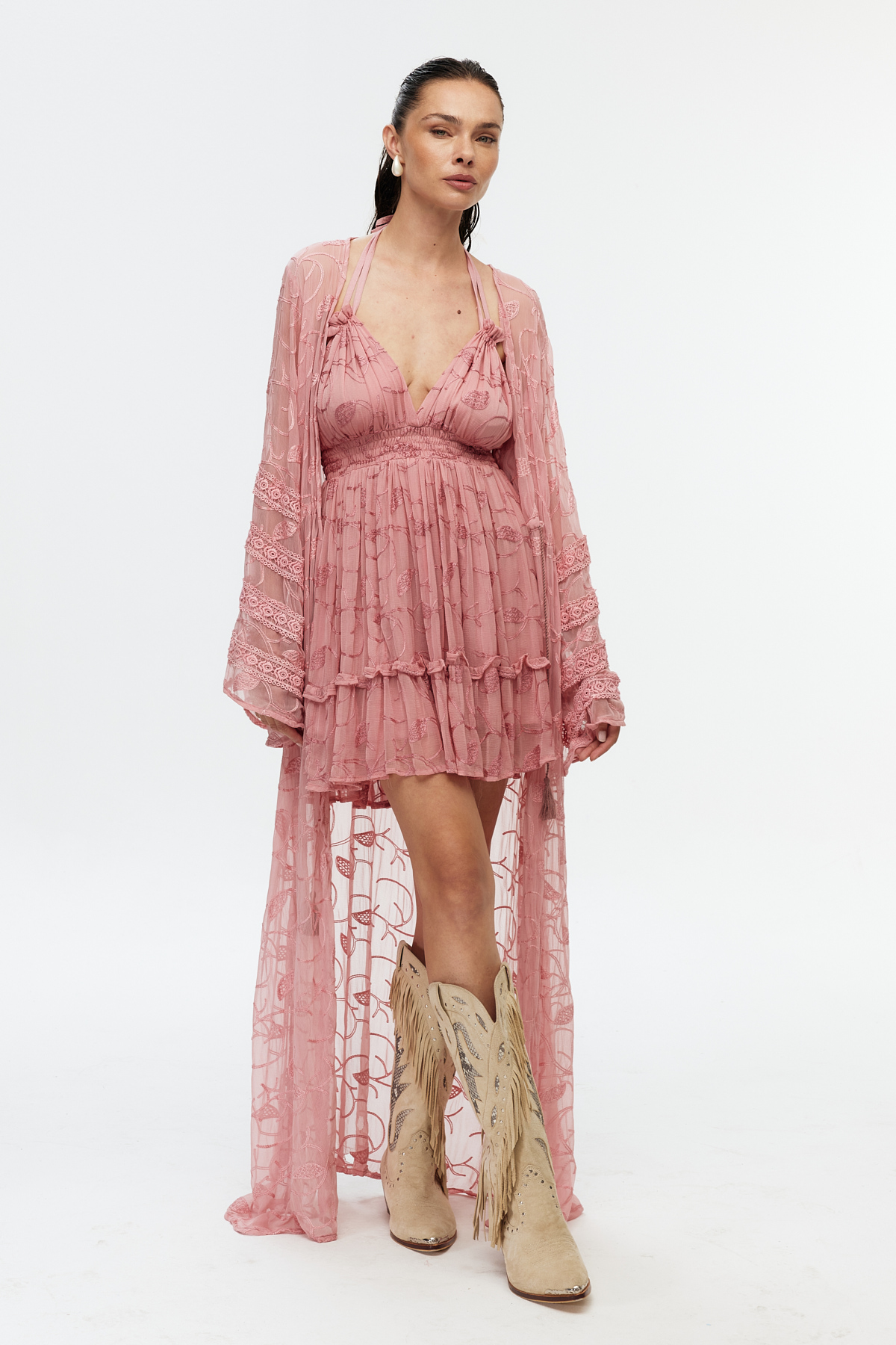 Pembe şifon dantel detaylı uzun kimono 2