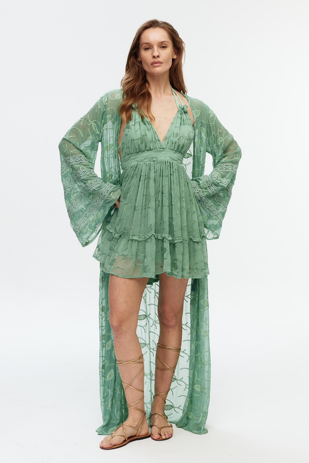 Yeşil şifon dantel detaylı uzun kimono