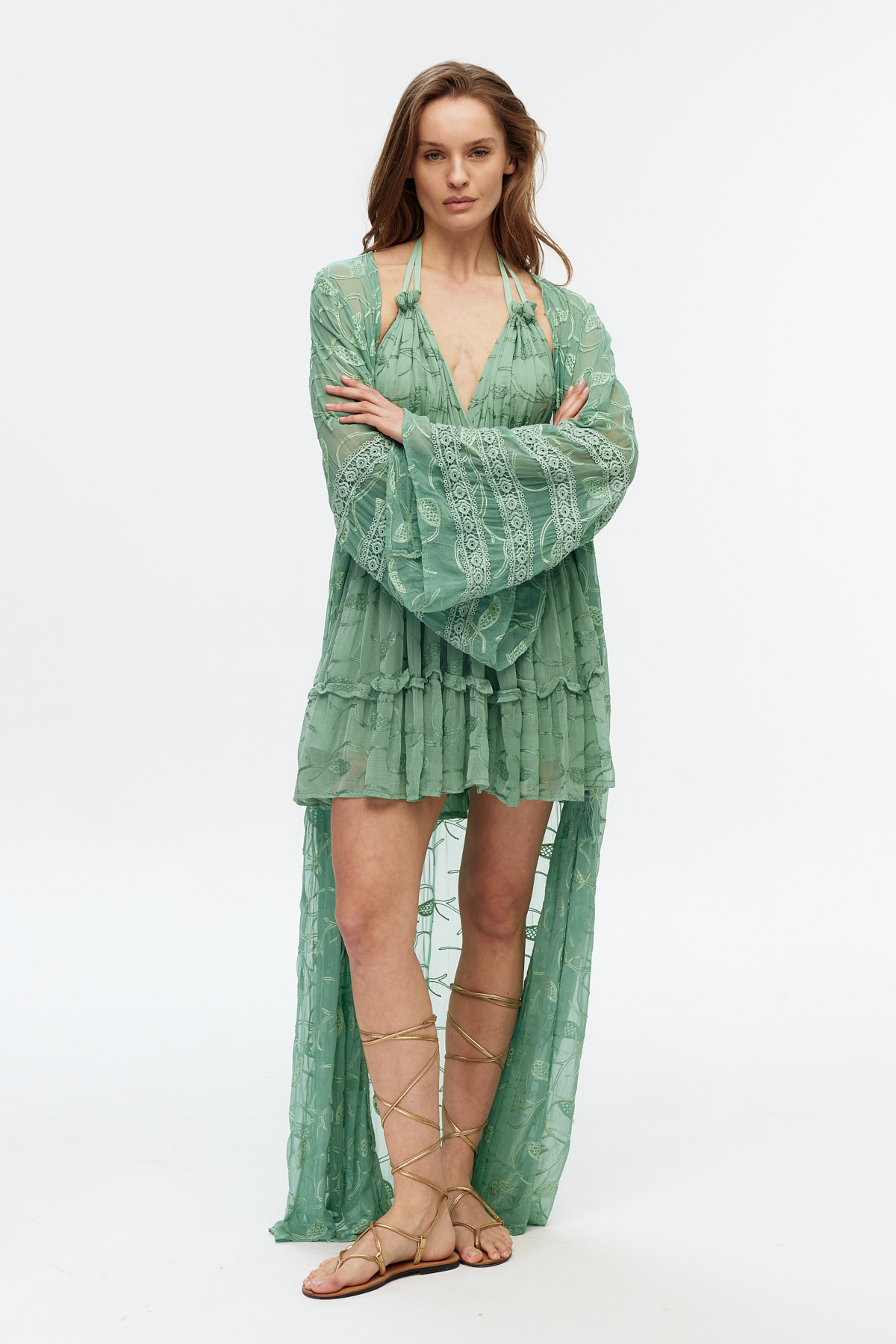 Yeşil şifon dantel detaylı uzun kimono 3