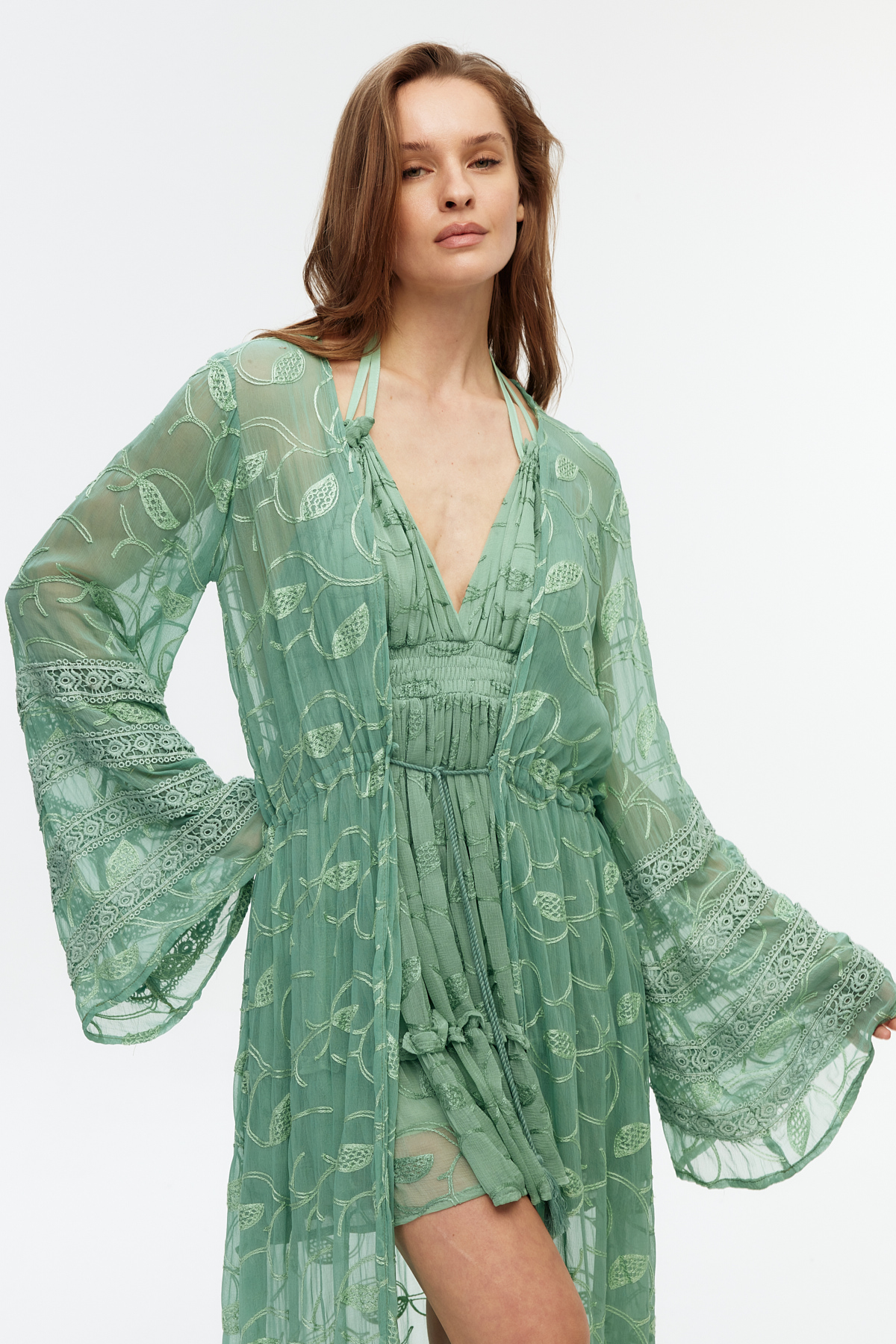 Yeşil şifon dantel detaylı uzun kimono 5