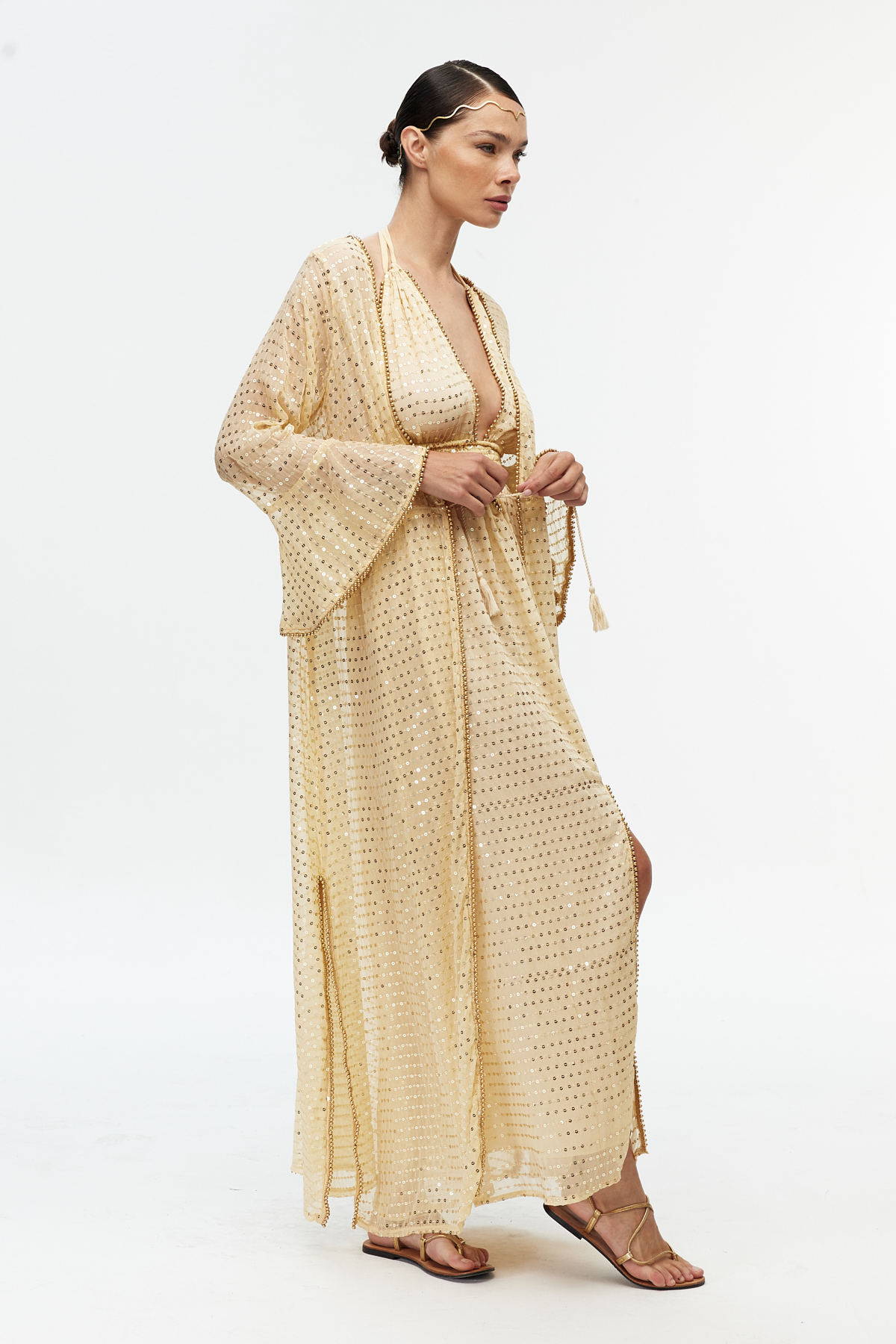 Bej şifon parıltılı uzun kollu kimono 2
