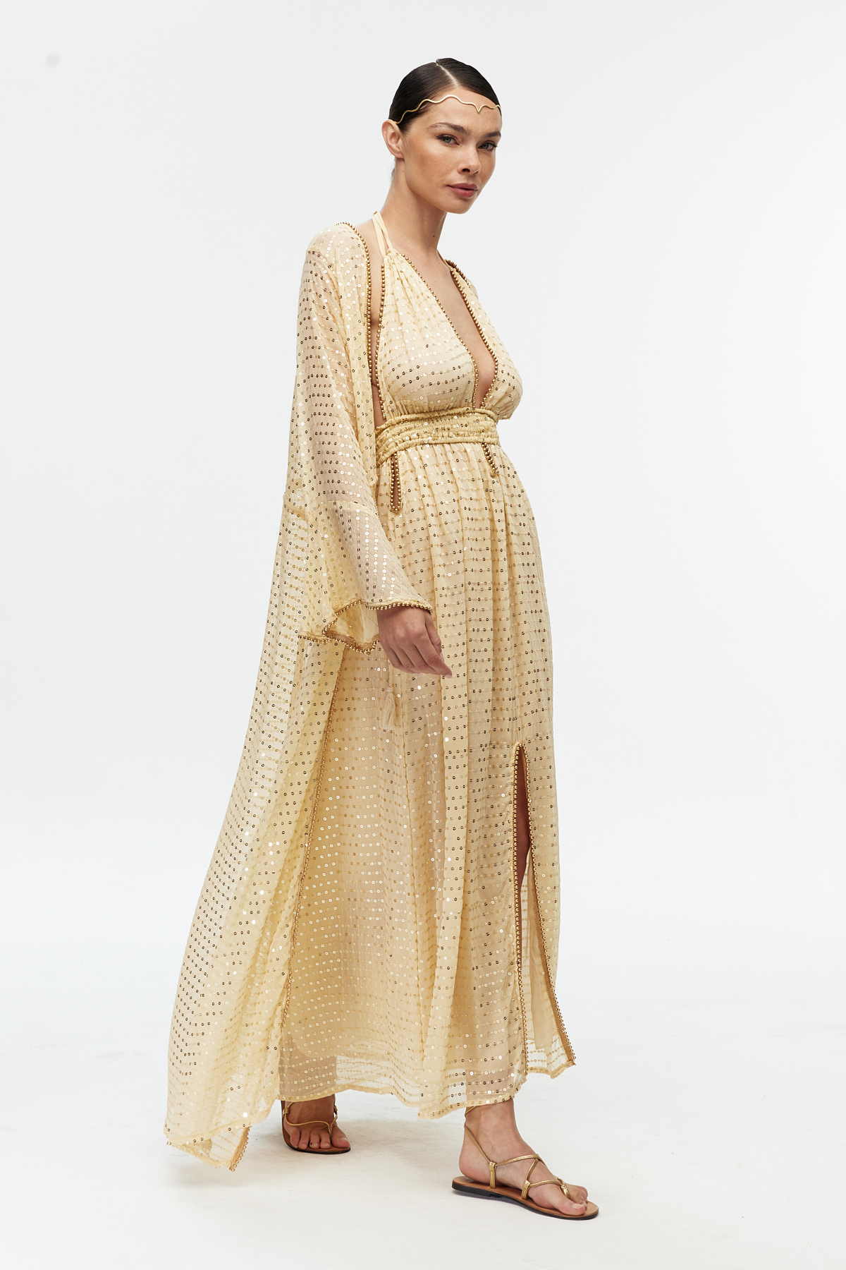 Bej şifon parıltılı uzun kollu kimono 3