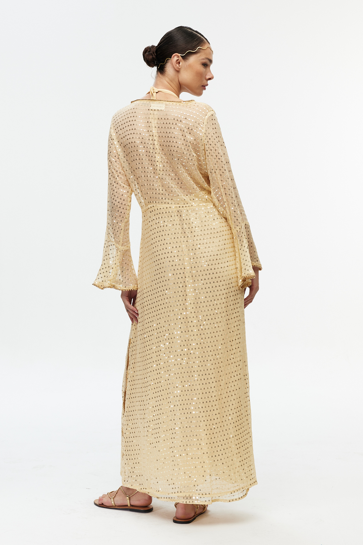 Bej şifon parıltılı uzun kollu kimono 6