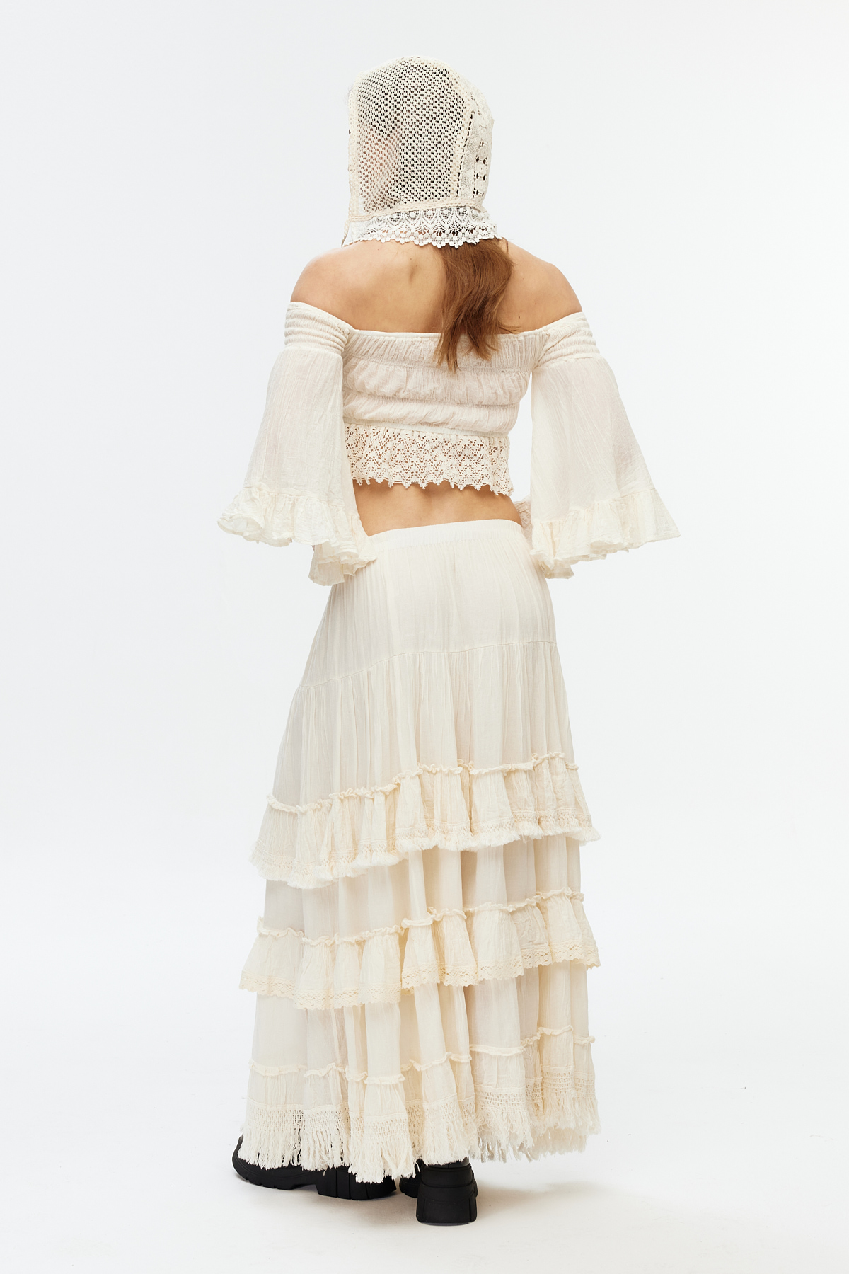 Ekru pamuk kat kat fırfırlı bohem etek 4