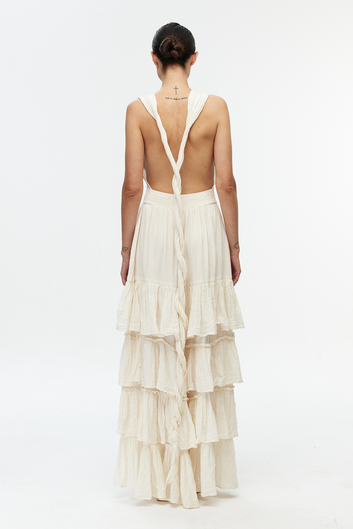 Ekru sırt bağlamalı cotton maxi elbise 5