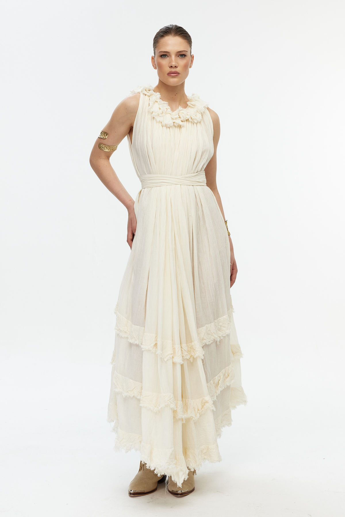 Ekru maxi cotton elbise 5